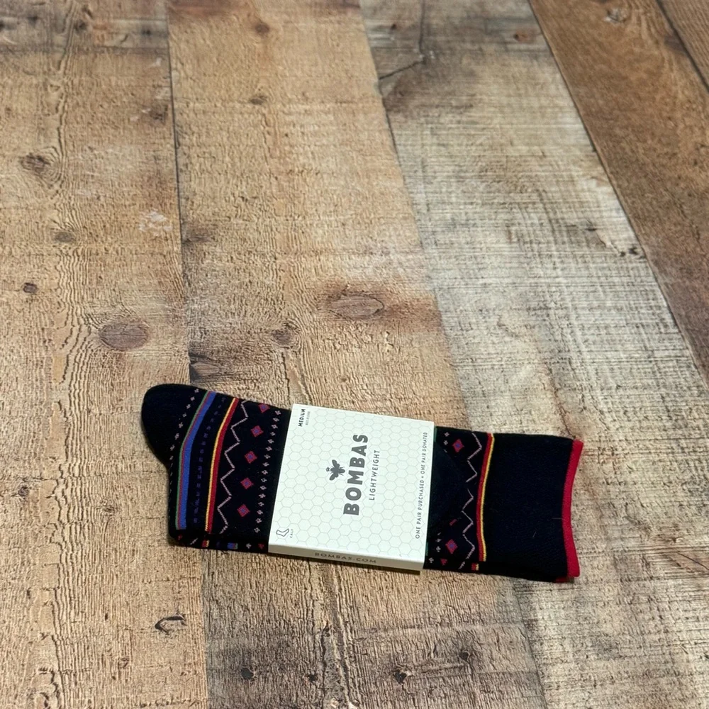 Bombas Black With Multicolor Geometric Lines Crew Socks Size Medium